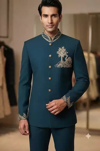 Turquoise color camel bids embroidery jodhpuri for men