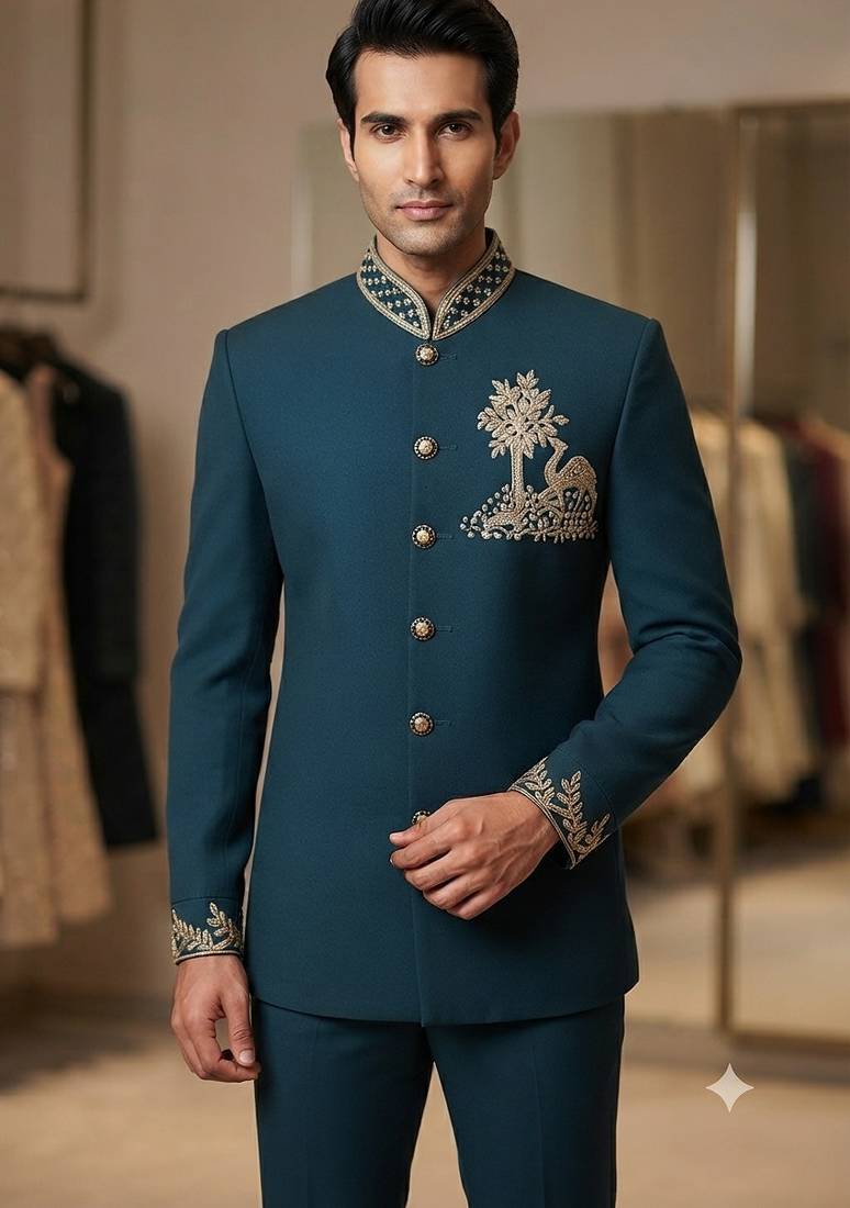 Turquoise color camel bids embroidery jodhpuri for men