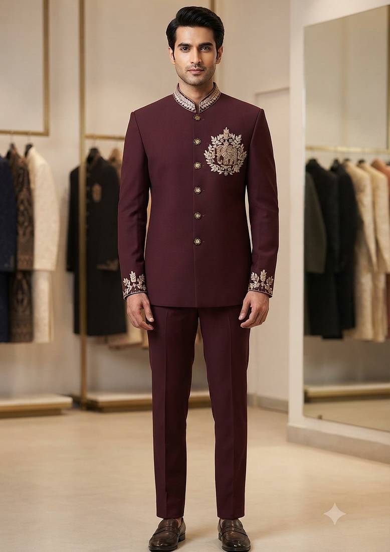 Wine color elephant bids embroidery jodhpuri for men