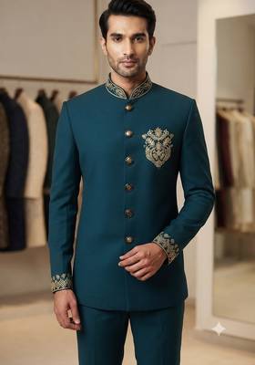 Turquoise color bids embroidery jodhpuri for men 2