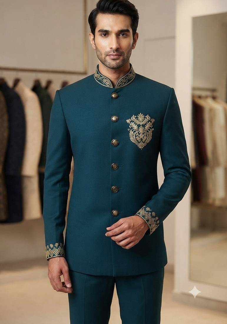 Turquoise color bids embroidery jodhpuri for men