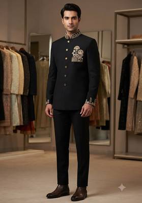 Black color deer bids embroidery jodhpuri for men 1