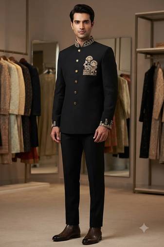 Black color deer bids embroidery jodhpuri for men