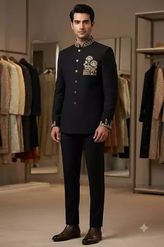 Black color deer bids embroidery jodhpuri for men