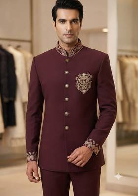 Wine color bids embroidery jodhpuri for men 2