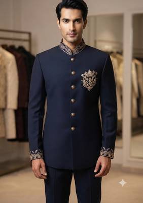 Navy blue color bids embroidery jodhpuri for men | premium designer bandhgala ethnic wear 2