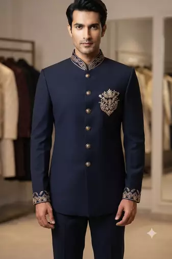 Navy blue color bids embroidery jodhpuri for men | premium designer bandhgala ethnic wear