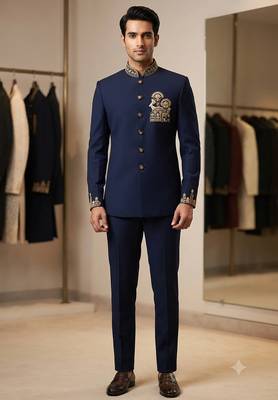 Navy blue color deer bids embroidery jodhpuri for men 1