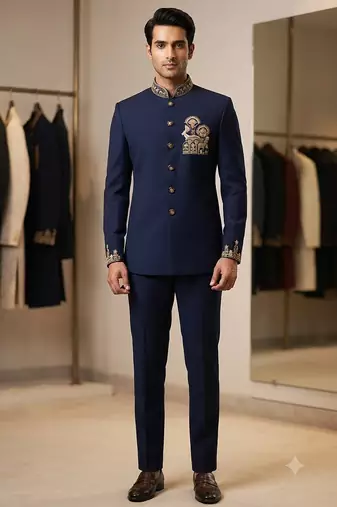 Navy blue color deer bids embroidery jodhpuri for men