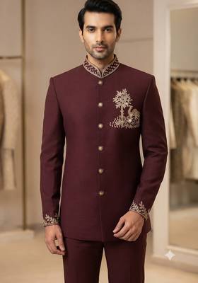 Wine color camel bids embroidery jodhpuri for men 2