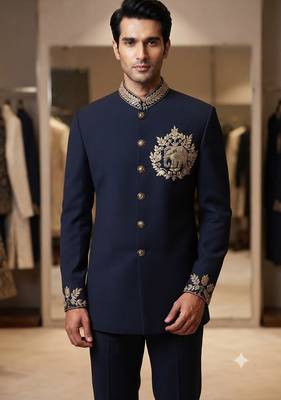 Navy blue color elephant bids embroidery jodhpuri for men 2