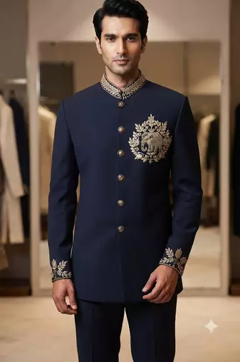 Navy blue color elephant bids embroidery jodhpuri for men