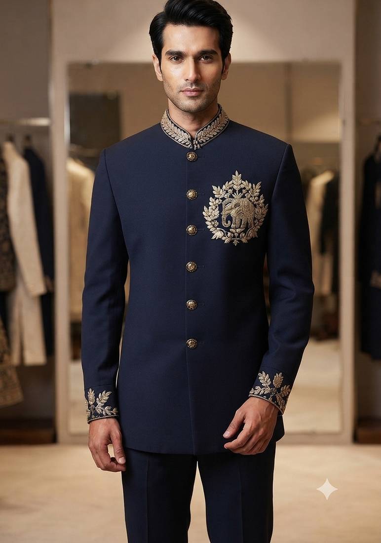 Navy blue color elephant bids embroidery jodhpuri for men