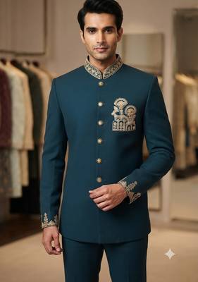 Turquoise color deer bids embroidery jodhpuri for men 2