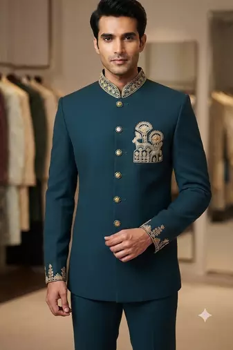 Turquoise color deer bids embroidery jodhpuri for men