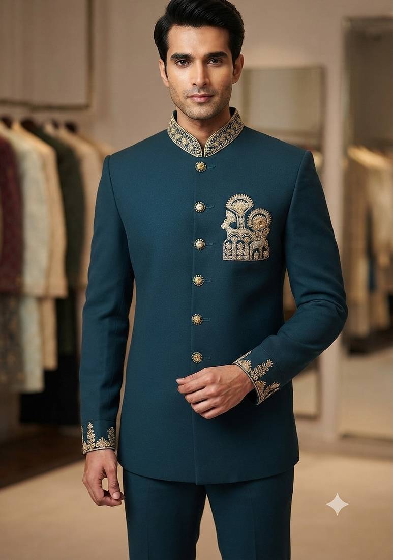 Turquoise color deer bids embroidery jodhpuri for men