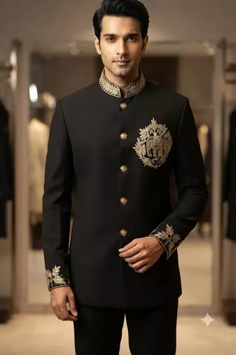 Black color elephant bids embroidery jodhpuri for men