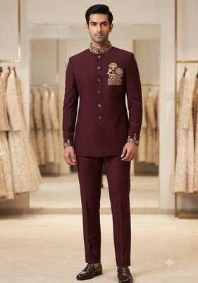 Wine color deer bids embroidery jodhpuri for men 1
