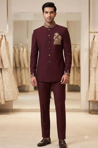 Wine color deer bids embroidery jodhpuri for men