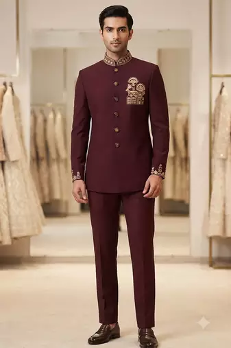Wine color deer bids embroidery jodhpuri for men