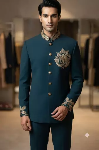 Turquoise color elephant bids embroidery jodhpuri for men