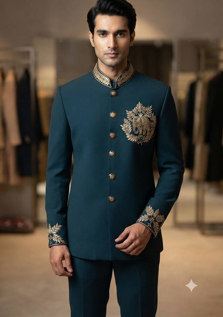 Turquoise color elephant bids embroidery jodhpuri for men