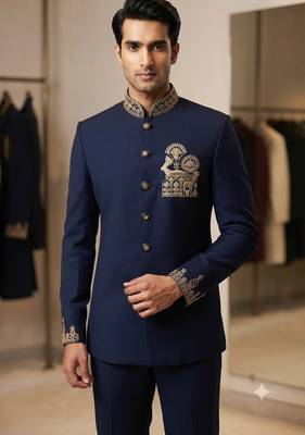 Navy blue color deer bids embroidery jodhpuri for men 2