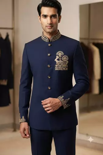 Navy blue color deer bids embroidery jodhpuri for men
