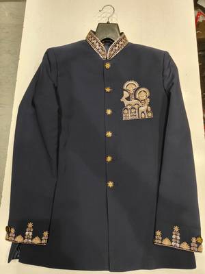 Navy blue color deer bids embroidery jodhpuri for men 3