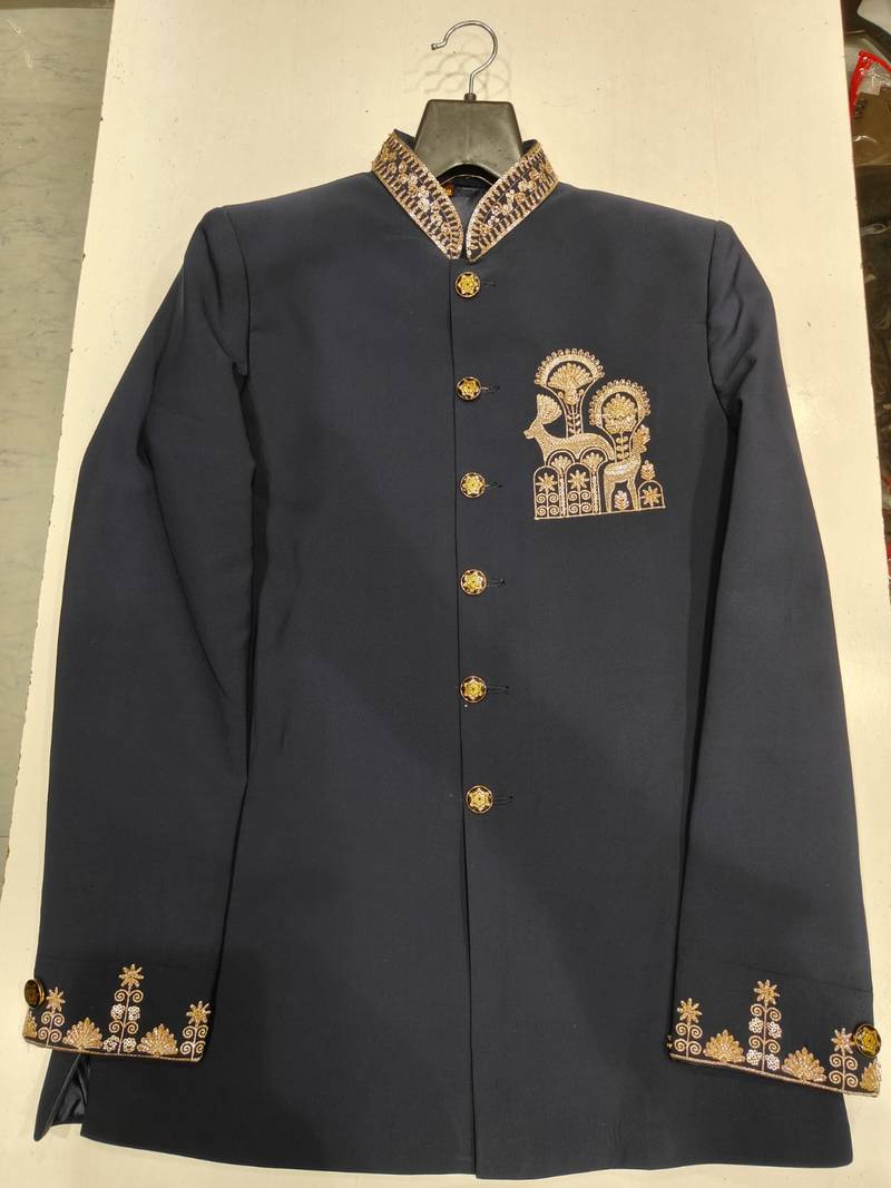 Navy blue color deer bids embroidery jodhpuri for men