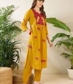 Women Animal Printed Empire Thread Work Pure Cotton Kurta with Trousers