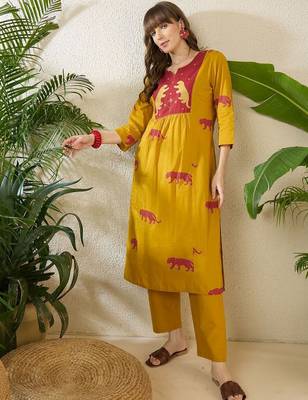 Women Animal Printed Empire Thread Work Pure Cotton Kurta with Trousers 2