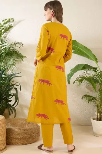 Women Animal Printed Empire Thread Work Pure Cotton Kurta with Trousers