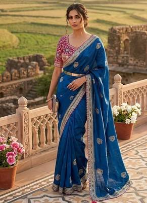 Blue Color embroidery And sequence work  Satin Saree 1