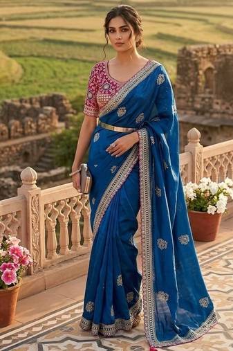 Blue embroidery And sequin work Satin Saree