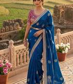 Blue Color embroidery And sequence work  Satin Saree