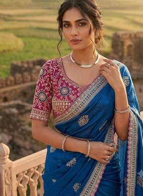 Blue Color embroidery And sequence work  Satin Saree 2
