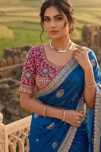 Blue Color embroidery And sequence work  Satin Saree