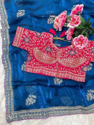 Blue Color embroidery And sequence work  Satin Saree 3