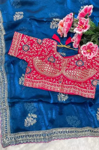 Blue Color embroidery And sequence work  Satin Saree
