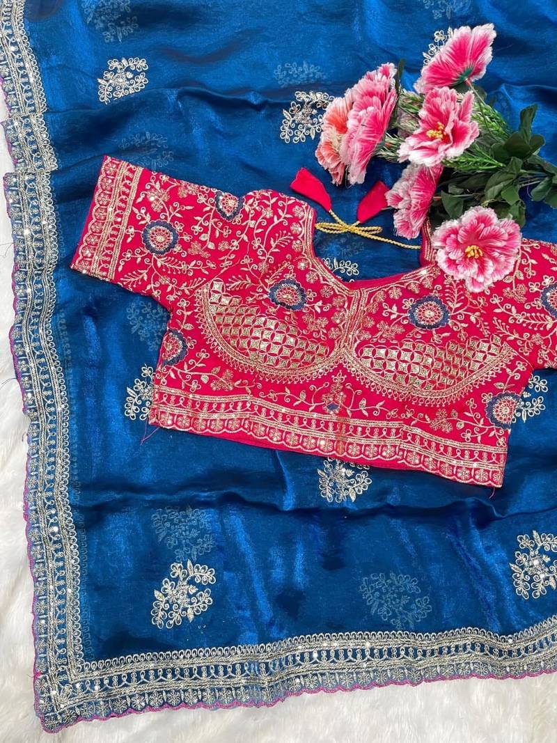 Blue Color embroidery And sequence work  Satin Saree