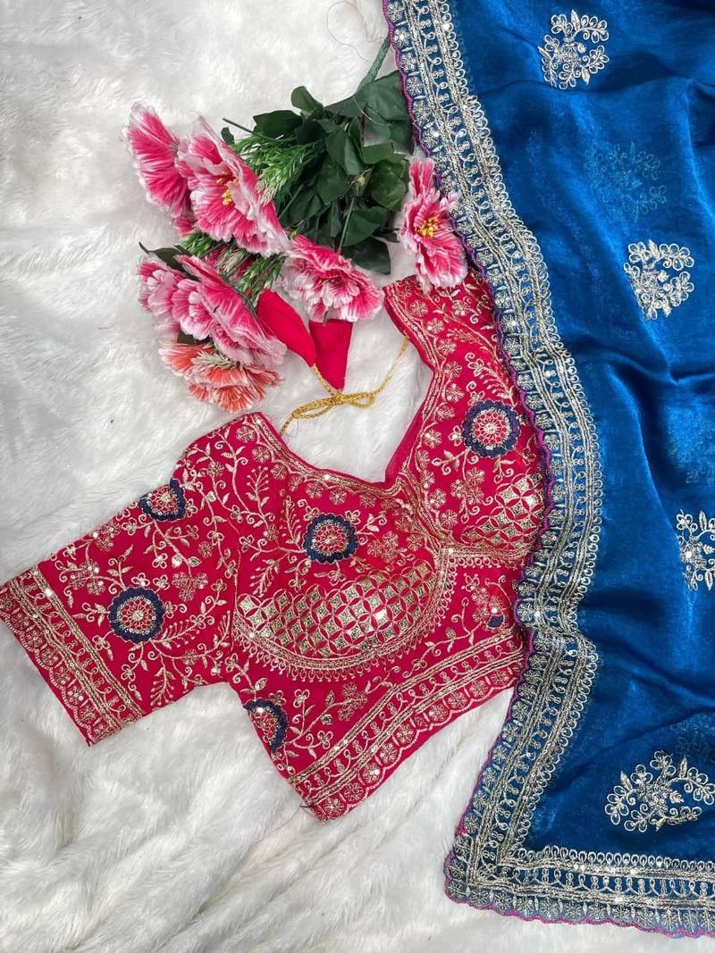 Blue Color embroidery And sequence work  Satin Saree