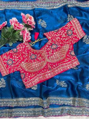 Blue Color embroidery And sequence work  Satin Saree 5