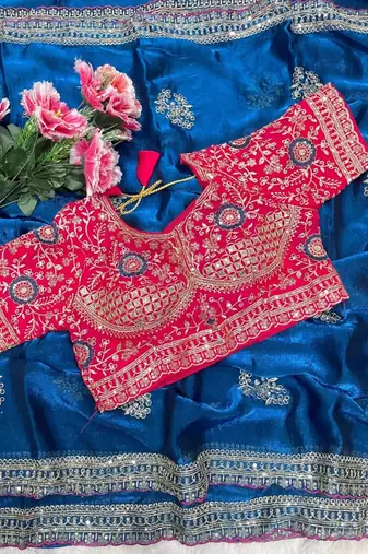 Blue Color embroidery And sequence work  Satin Saree