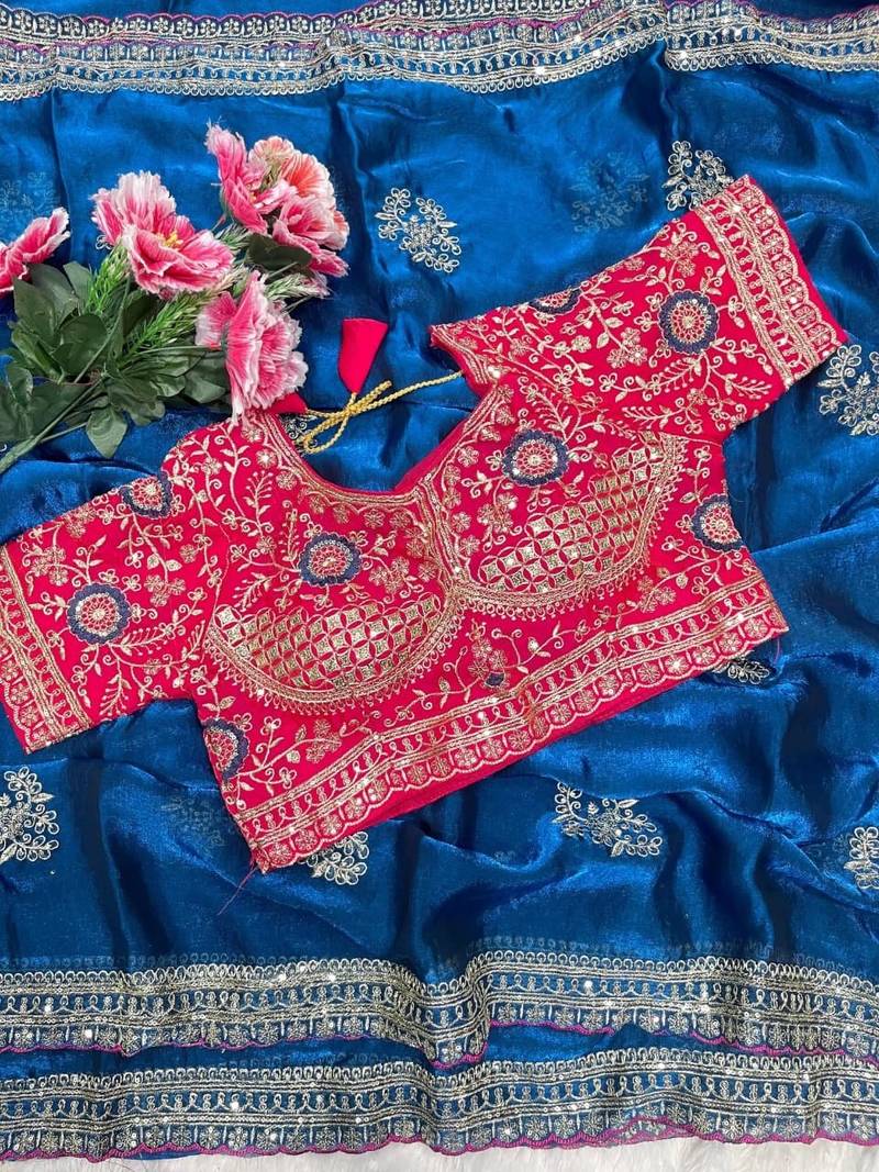 Blue Color embroidery And sequence work  Satin Saree