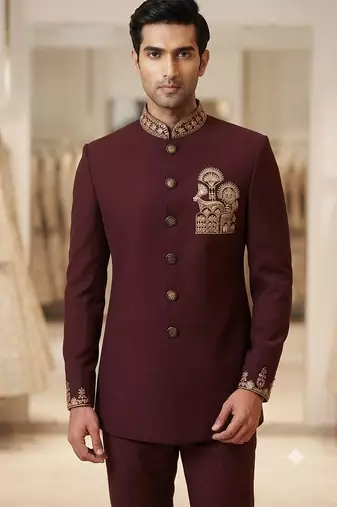 Wine color deer bids embroidery jodhpuri for men