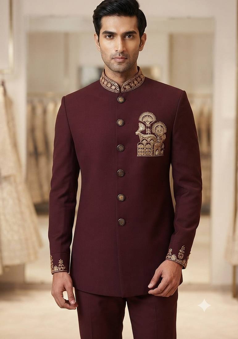 Wine color deer bids embroidery jodhpuri for men