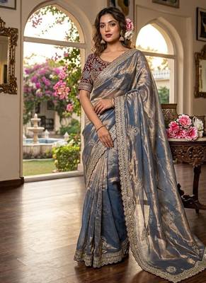 Grey Color embroidery And sequence work  Satin Saree 1