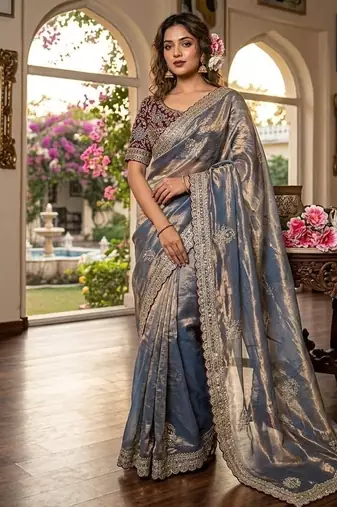 Grey Color embroidery And sequence work  Satin Saree