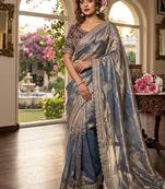 Grey Color embroidery And sequence work  Satin Saree